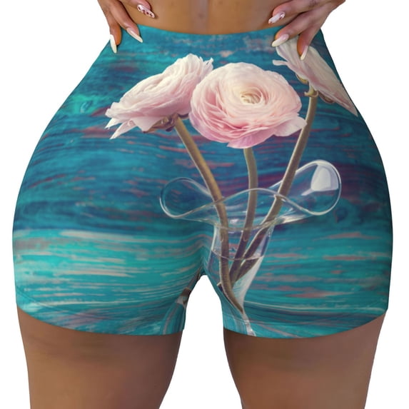 KLL Flowers in Glass Vase Pattern Workout Shorts for Women Scrunch Short Gym Yoga Running Sport Active Exercise Fitness Shorts