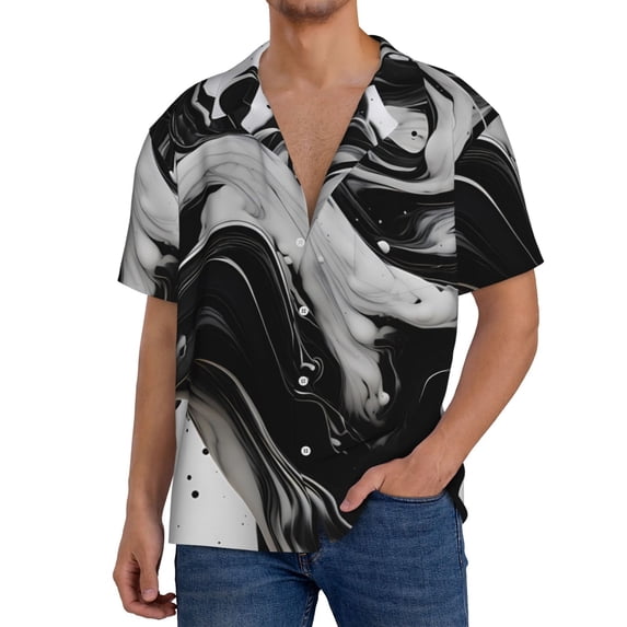 KLL Fluid Black White Paint Swirls Print Men's Shirt Short Sleeve Button Down Summer Cuba Beach Shirts- 4X-Large