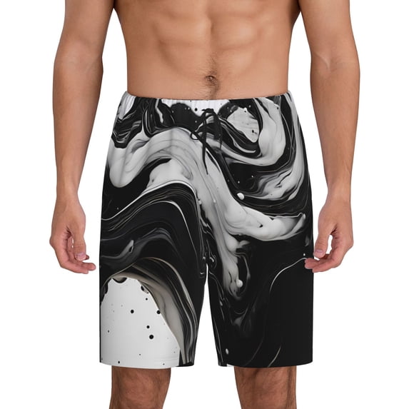 KLL Fluid Black White Paint Swirls for Men's 1-Pack Shorts,Sleep Pajama Shorts for Men Soft Pj Shorts Men's Pajama Bottoms Sleepwear -Small