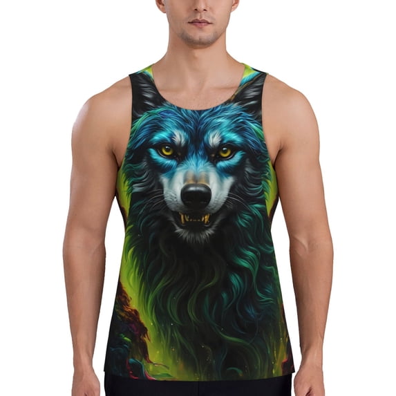 KLL Fluorescent Wolf Print Men's Muscle Gym Workout Stringer Tank Tops Bodybuilding Fitness T-Shirts Tank Tops Men-Medium