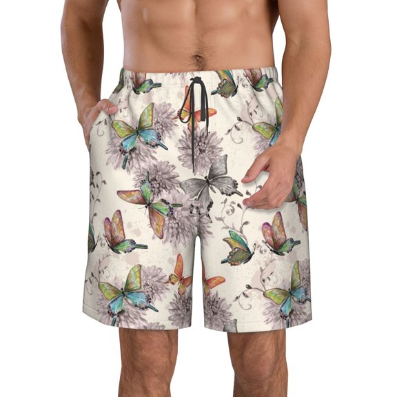 KLL Flying Butterflies-1 Men's Casual Summer Beach Shorts Hawaiian Shorts with Pockets-Large