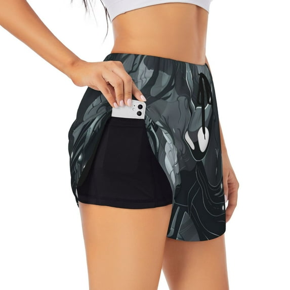 KLL Forest Black Ghost Warrior Pattern Shorts Women,Athletic Shorts High Waisted Running Shorts Pocket Sporty Short Gym Elastic Workout Shorts-Large