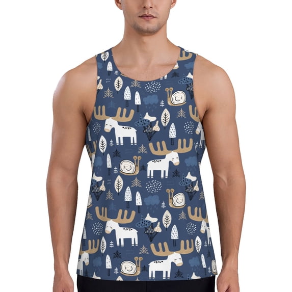KLL Forest Elk Print Men's Muscle Gym Workout Stringer Tank Tops Bodybuilding Fitness T-Shirts Tank Tops Men-XX-Large