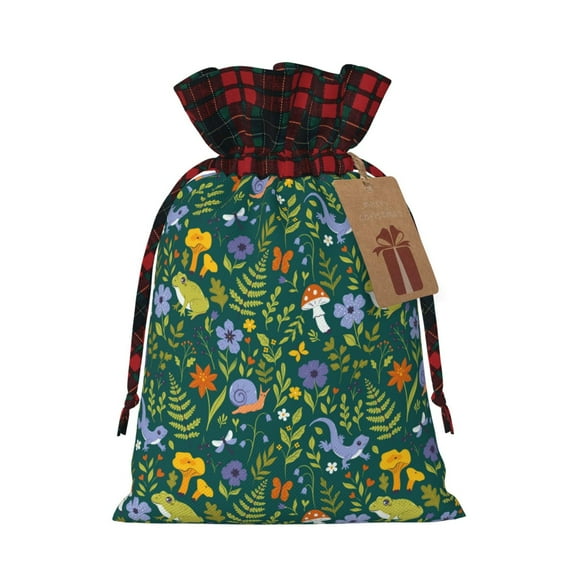 KLL Forest Flora And Fauna for Christmas Gift Bag,Christmas Burlap Goody Gift Bags with Plaid Drawstrings for Xmas Presents Holiday Party Favor Treats Candy-Black