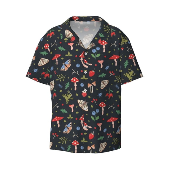 KLL Forest Flora and Insects Print Men's Shirt Short Sleeve Button Down Summer Cuba Beach Shirts- X-Large