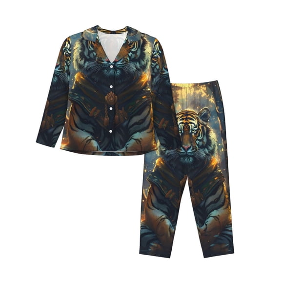 KLL Forest Meditating Tiger Print Women's Long Sleeve Pajamas with Pants Sleepwear Loungewear 2 Set-Small