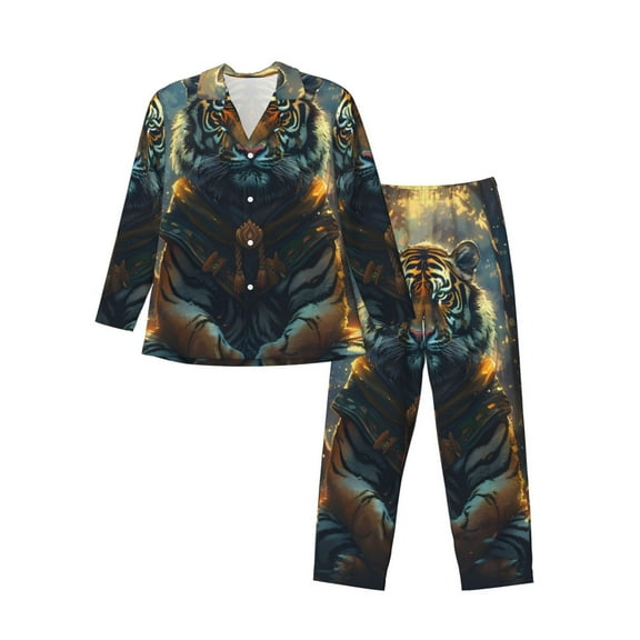 KLL Forest Meditating Tiger Sleepwear Mens Flannel Pajamas,Long Cotton Pj Set