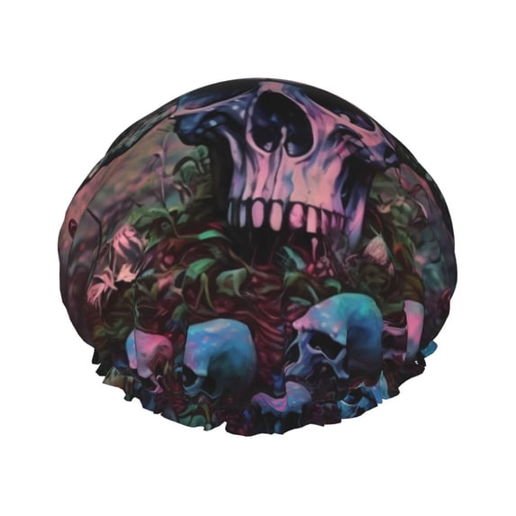 KLL Forest Mushroom Skull Pattern Shower Cap & Bath Cap for Women,Reversible Oversized Waterproof Shower Caps for all Hair Lengths,Elastic Reusable Bathing Hair Cap