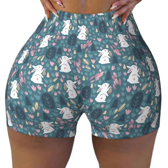 KLL Forest Rabbit Pattern Workout Shorts for Women Scrunch Short Gym Yoga Running Sport Active Exercise Fitness Shorts