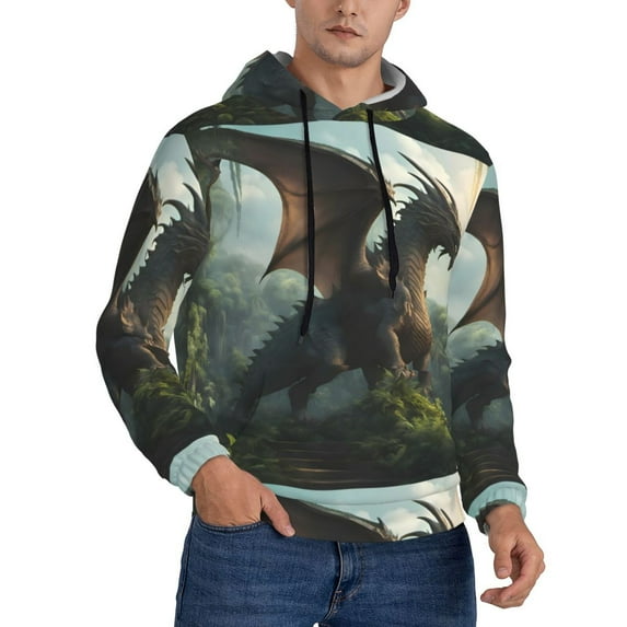 KLL Forest Stone-Colored Dragon Print Mens Hoodie Long Sleeve Casual Pullover Hooded Sweatshirt Fashion Drawstring Hoodies with Pocket-XX-Large