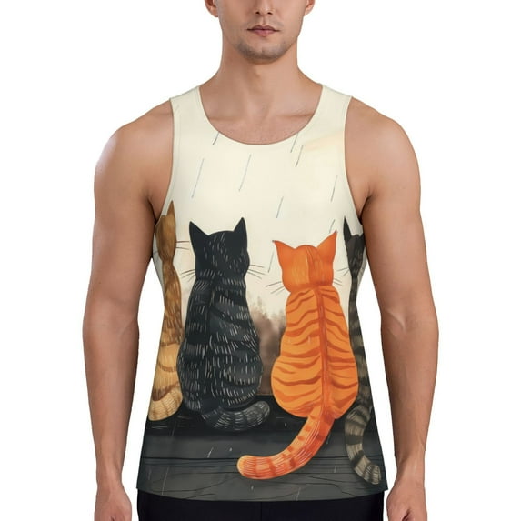 KLL Four Cats Watching Rain Print Men's Muscle Gym Workout Stringer Tank Tops Bodybuilding Fitness T-Shirts Tank Tops Men-3X-Large