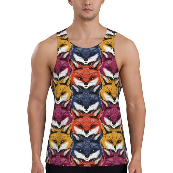 KLL Fox Face Print Men's Muscle Gym Workout Stringer Tank Tops Bodybuilding Fitness T-Shirts Tank Tops Men-X-Large