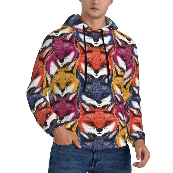KLL Fox Face Print Mens Hoodie Long Sleeve Casual Pullover Hooded Sweatshirt Fashion Drawstring Hoodies with Pocket-Medium