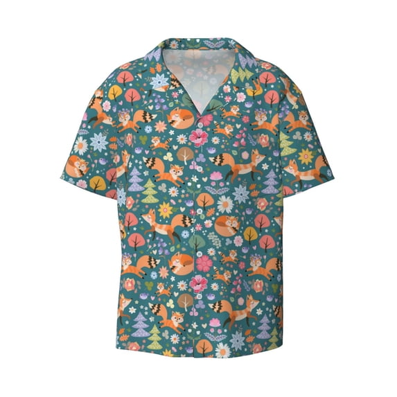 KLL Foxes and Birds in Forest Print Men's Shirt Short Sleeve Button Down Summer Cuba Beach Shirts- 3X-Large