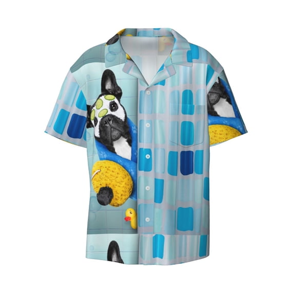 KLL French Bulldog Dog in a Bathtub Print Men's Shirt Short Sleeve Button Down Summer Cuba Beach Shirts- 4X-Large