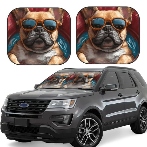 KLL French Bulldog In Sunglasses Windshield Sun Shade 2-Piece Foldable Car Front Window Sunshade for Most Sedans SUV Truck- Large