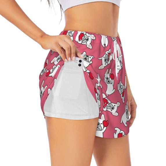 KLL French Bulldog Pattern Shorts Women,Athletic Shorts High Waisted Running Shorts Pocket Sporty Short Gym Elastic Workout Shorts-Small