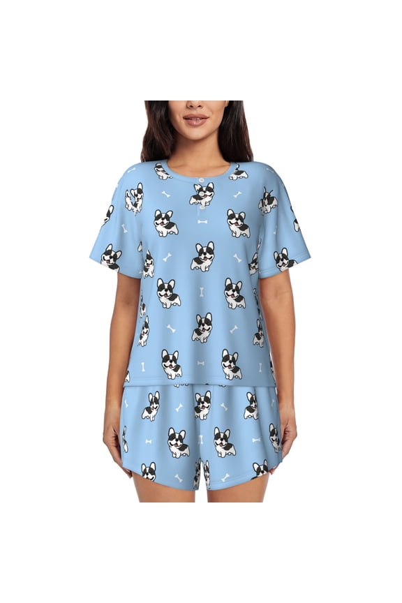 French Bulldog Puppy Print Pajama Set for Women Short Sleeve Sleepwear Pjs Soft 2 Piece Lounge Sleepwear Sets-4X-Large