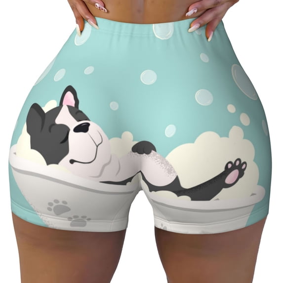 KLL French Bulldog Taking a Bath Pattern Workout Shorts for Women Scrunch Short Gym Yoga Running Sport Active Exercise Fitness Shorts
