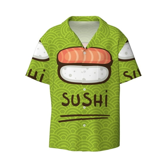 KLL Fresh Sushi Print Men's Shirt Short Sleeve Button Down Summer Cuba Beach Shirts- Large