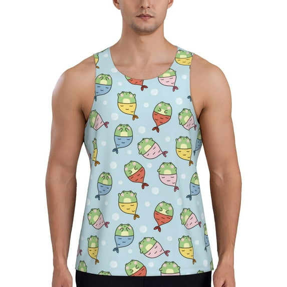 KLL Frog In Mermaid Print Men's Muscle Gym Workout Stringer Tank Tops Bodybuilding Fitness T-Shirts Tank Tops Men-4X-Large
