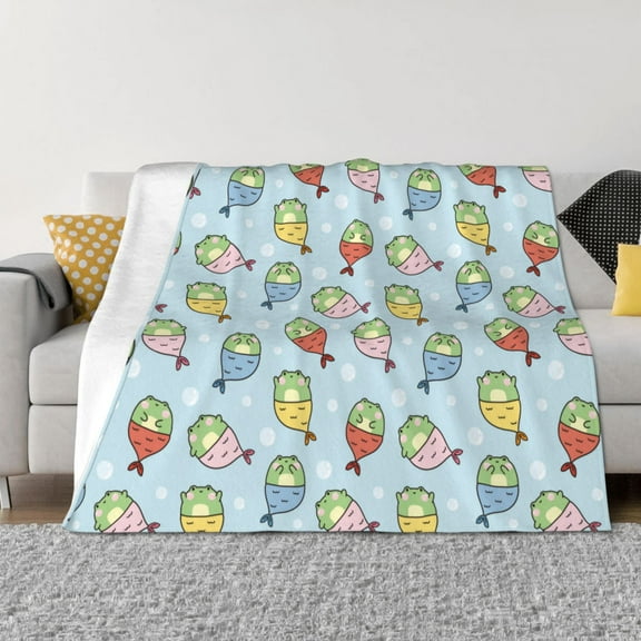 KLL Frog In Mermaid Print Fleece Throw Blanket, Horizontal Fleece Bedding Cute Soft Blankets Comfy Fleece Flannel Plush Home Decor for Couch & Bed -40"x30"