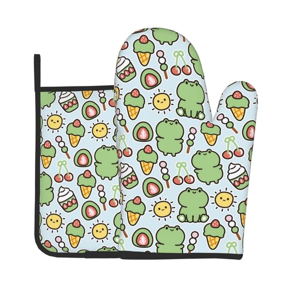 KLL Frog With Sweet Pattern Oven Mitts and Pot Holders 2pcs Sets for Kitchen, Oven Mitt Heat Resistant 536°F, Oven Gloves for Kitchen,Cooking and Baking