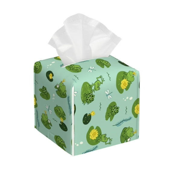 KLL Froggs In The Lake Print Tissue Box Cover,Leather Tissue Holder Square Facial Tissue Case Facial Paper Organizer Dispenser for Bathroom, Vanity Countertop