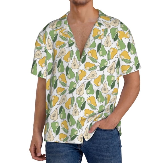 KLL Fruit Pears Print Men's Shirt Short Sleeve Button Down Summer Cuba Beach Shirts- Large