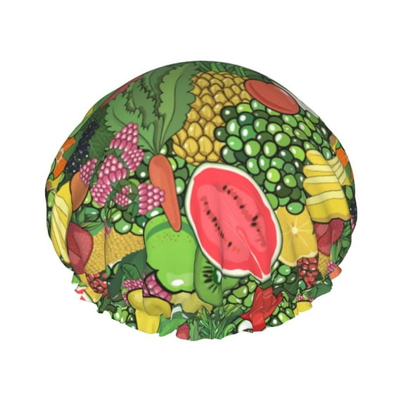 KLL Fruits Vegetables And Berries Pattern Shower Cap & Bath Cap for Women,Reversible Oversized Waterproof Shower Caps for all Hair Lengths,Elastic Reusable Bathing Hair Cap