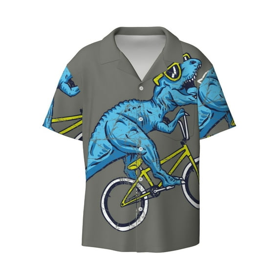 KLL Fun Riding Dinosaur Print Men's Shirt Short Sleeve Button Down Summer Cuba Beach Shirts- 3X-Large