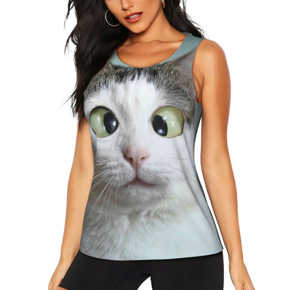 KLL Funny Cat Print Womens Tank Top Sleeveless Workout Tops Athletic Running Shirts Yoga Gym Clothes-Large