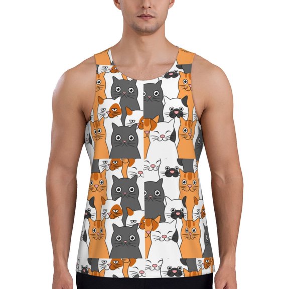 KLL Funny Cats Print Men's Muscle Gym Workout Stringer Tank Tops Bodybuilding Fitness T-Shirts Tank Tops Men-Large