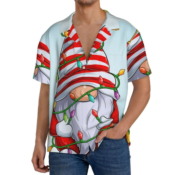 KLL Funny Christmas Gnome Print Men's Shirt Short Sleeve Button Down Summer Cuba Beach Shirts- Medium