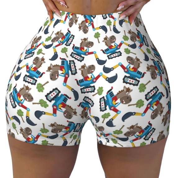 KLL Funny Excavator Pattern Workout Shorts for Women Scrunch Short Gym Yoga Running Sport Active Exercise Fitness Shorts