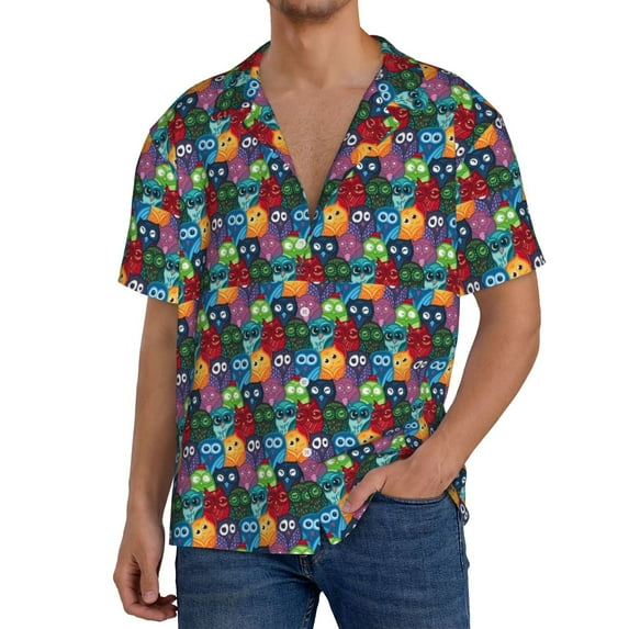 KLL Funny Owls Print Men's Shirt Short Sleeve Button Down Summer Cuba Beach Shirts- Small