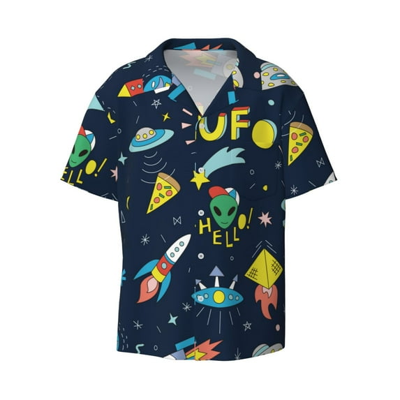 KLL Funny Spaceships Print Men's Shirt Short Sleeve Button Down Summer Cuba Beach Shirts- 4X-Large