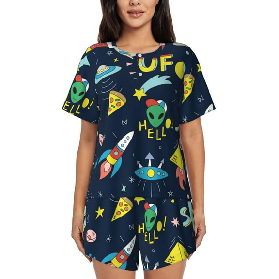 KLL Funny Spaceships Print Pajama Set for Women Short Sleeve Sleepwear Pjs Soft 2 Piece Lounge Sleepwear Sets-3X-Large