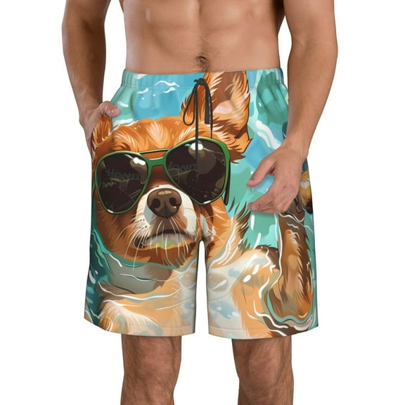 KLL Funny Swimming Chihuahua Men's Casual Summer Beach Shorts Hawaiian Shorts with Pockets-Medium