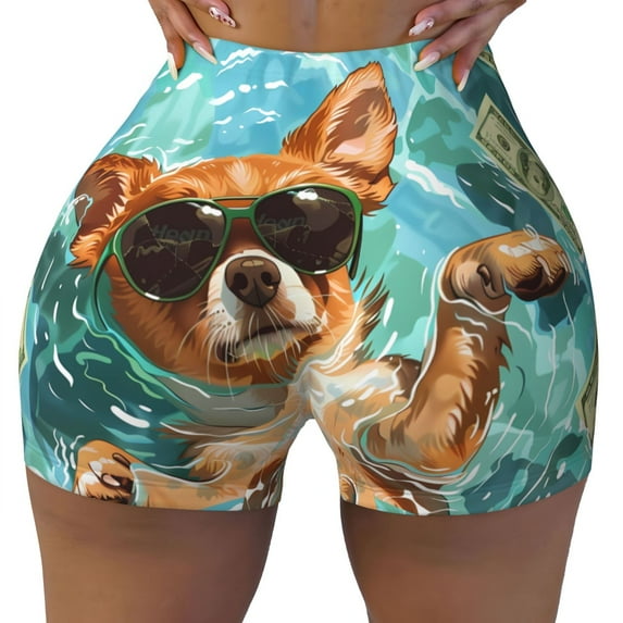 KLL Funny Swimming Chihuahua Pattern Workout Shorts for Women Scrunch Short Gym Yoga Running Sport Active Exercise Fitness Shorts