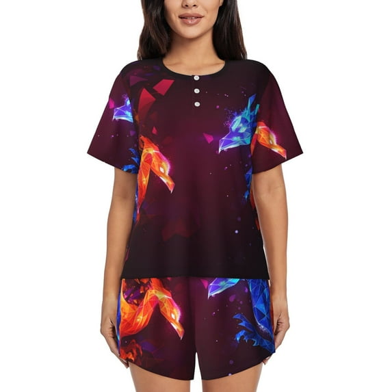 KLL Futuristic Red And Blue Bird Print Pajama Set for Women Short Sleeve Sleepwear Pjs Soft 2 Piece Lounge Sleepwear Sets-3X-Large