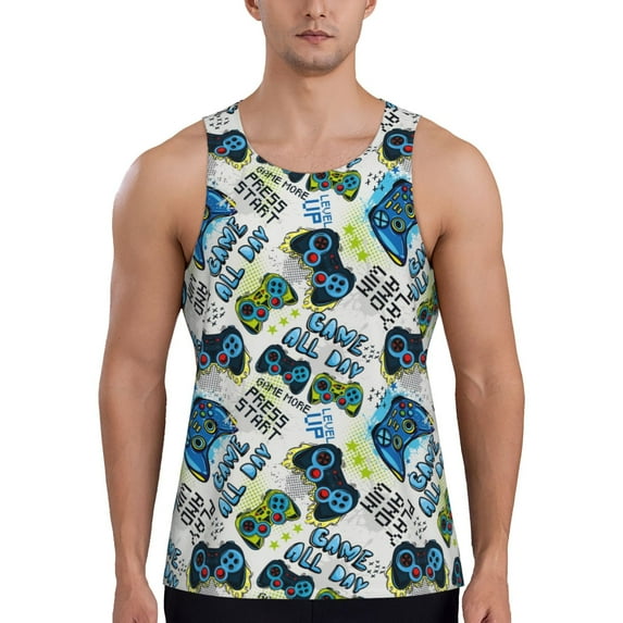 KLL Game All Day Print Men's Muscle Gym Workout Stringer Tank Tops Bodybuilding Fitness T-Shirts Tank Tops Men-Large
