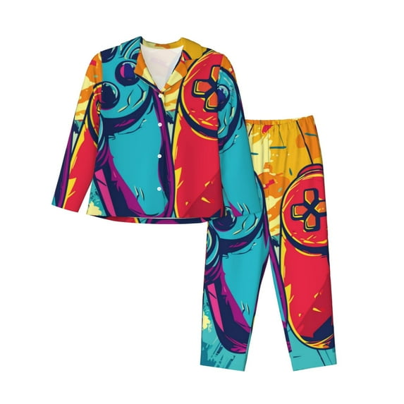 KLL Gaming Print Women's Long Sleeve Pajamas with Pants Sleepwear Loungewear 2 Set-Small