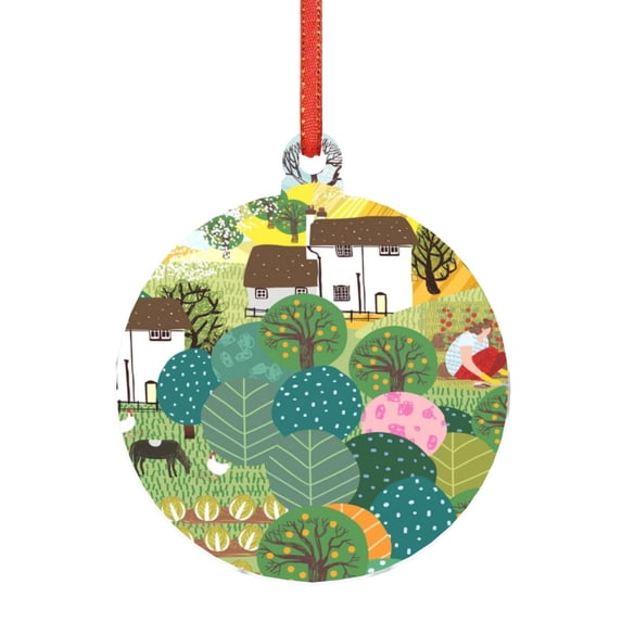 KLL Garden Farm Pattern Acrylic Christmas Ornaments,1 PCS Xmas Tree Decor with Ribbon 3" Christmas Décor Christmas Pendant for Hanging on Tree & Party Favors-Round Shape