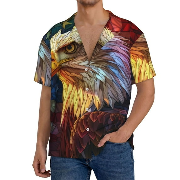 KLL Geometric American Bald Eagle Print Men's Shirt Short Sleeve Button Down Summer Cuba Beach Shirts- XX-Large