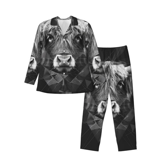 KLL Geometric Bull Design Sleepwear Mens Flannel Pajamas,Long Cotton Pj Set