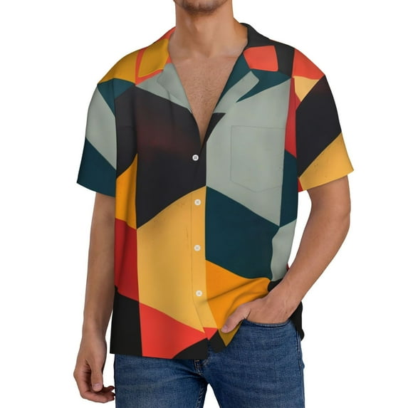 KLL Geometric Cube Pattern Art Print Men's Shirt Short Sleeve Button Down Summer Cuba Beach Shirts- Large
