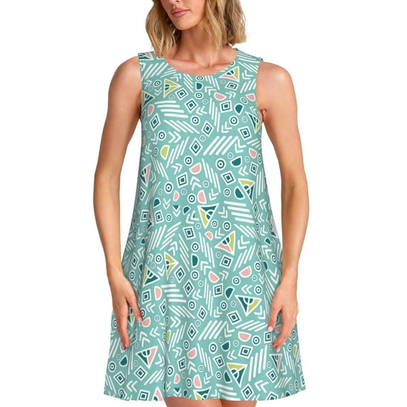 KLL Geometric Elements Pattern Womens Summer Dresses 2025,Loose Round Neck Sleeveless Sundresses Tank Dresses with Pockets