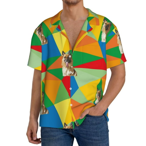 KLL German Shepherd Dog Print Men's Shirt Short Sleeve Button Down Summer Cuba Beach Shirts- Medium