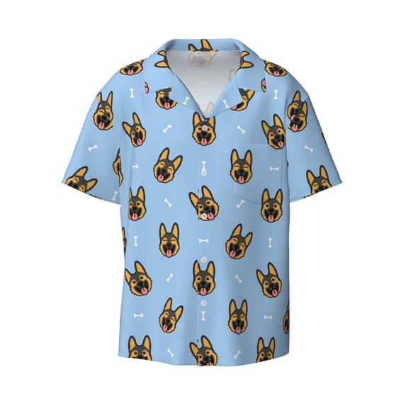 KLL German Shepherd Puppy Print Men's Shirt Short Sleeve Button Down Summer Cuba Beach Shirts- Small